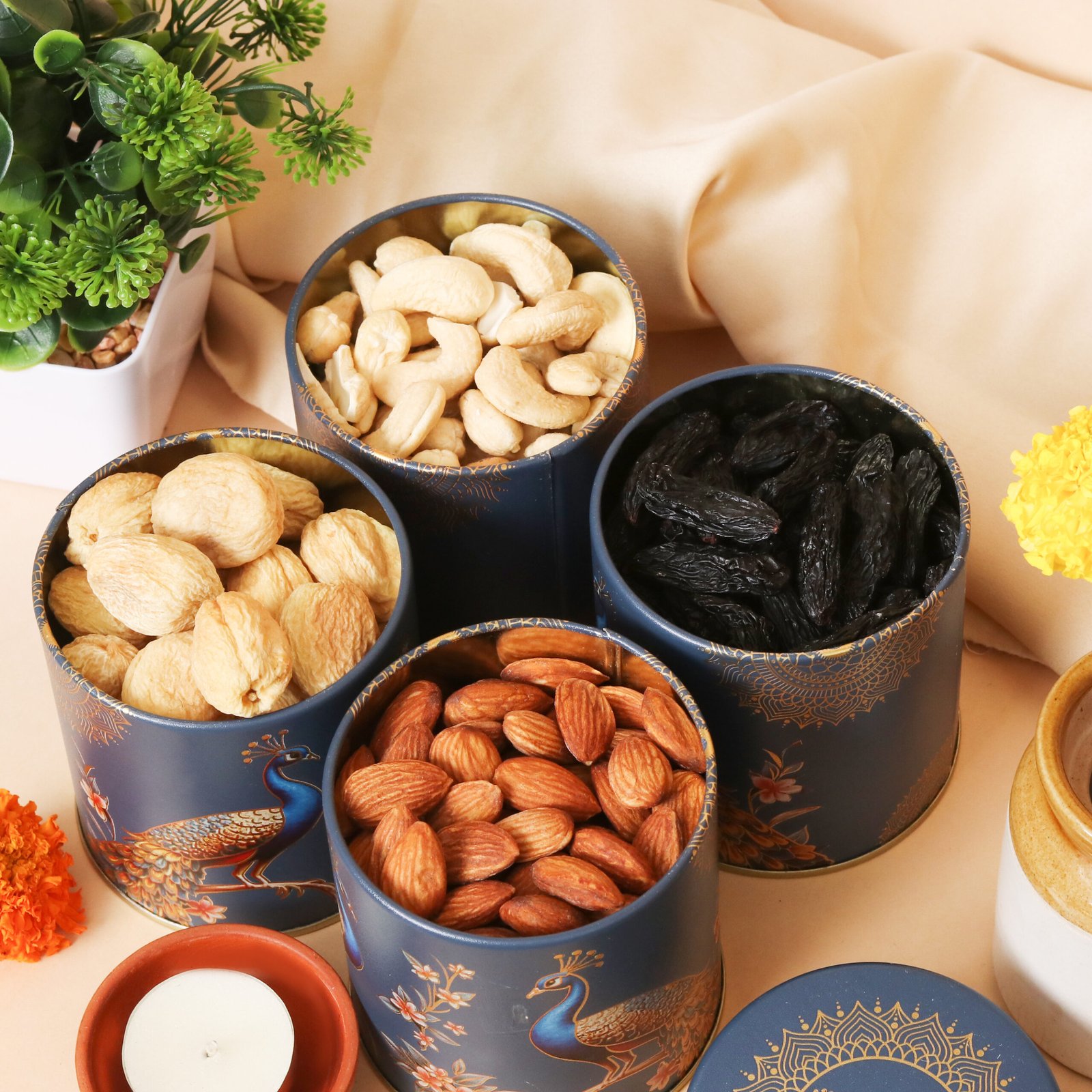 Royal Peacock Treasure Gift Box – Elegant Gift Tin with Premium Almonds, Cashews, Raisins & Apricots | Baasa Foods